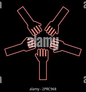 Neon five hands Group arms Many hands connecting Open palms People putting their hands together Stack hands concept unity red color vector illustration image flat style Stock Vector
