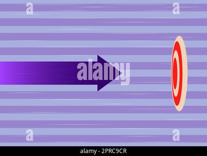 Arrow moving quickly towards aim target representing achieving goal success. Aiming bullseye symbolizing successfully accomplishing creative projects plans. Stock Vector