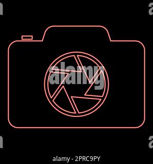 Neon camera with focus of lens concept red color vector illustration image flat style Stock Vector