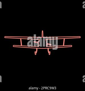 Neon airplane view with front Light aircraft civil Flying machine red color vector illustration image flat style Stock Vector