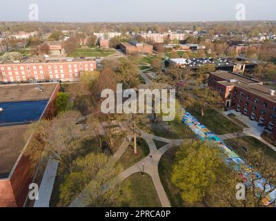 Aerial photograph of Drake University on a beautiful spring morning. Des Moines, Iowa, USA. Stock Photo