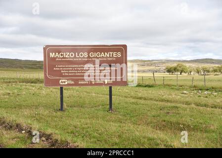 Cordoba, Argentina, April 6, 2023: Sign at Los Gigantes Massif, a mountainous region that belongs to the northern area of the Sierras Grandes Stock Photo
