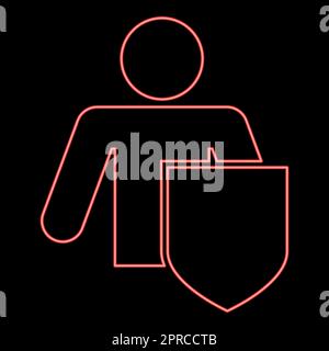 Neon stick man with shield Protecting personal data concept Man holding shield for reflecting attack Protected from attack idea red color vector illustration image flat style Stock Vector