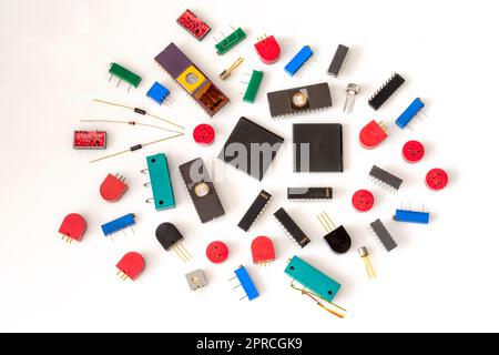 Group of various electronic components isolated on white background Stock Photo