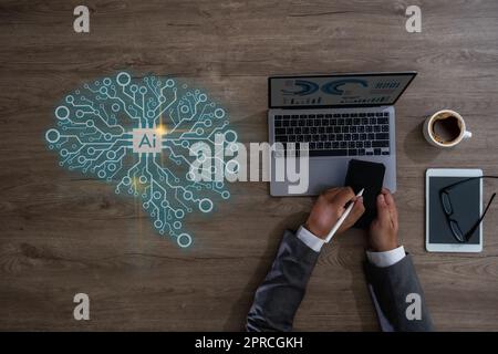Artificial Intelligence (AI) Businessman hand working computer big data network connection Internet Technology Stock Photo