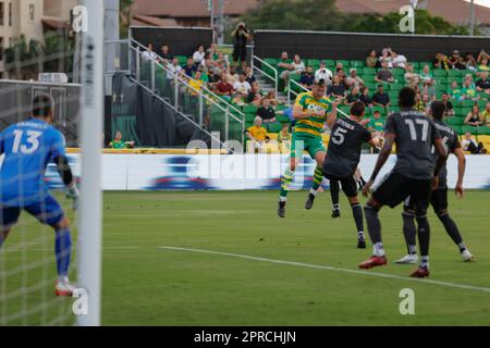 St. Petersburg, United States. 26th Apr, 2022. St. Petersburg, FL: Tampa  Bay Rowdies midfielder Forrest Lasso (3) heads the ball during the third  round game of the U.S. Open Cup against the