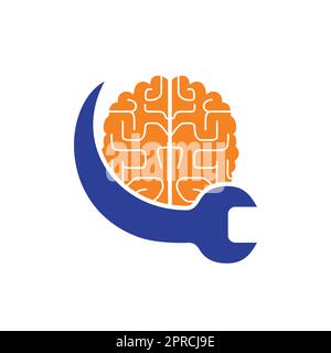 Brain repair vector logo design. Brain and wrench icon logo design. Stock Vector