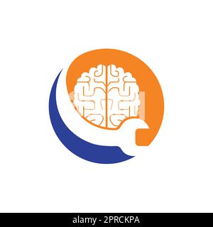 Brain repair vector logo design. Brain and wrench icon logo design. Stock Vector