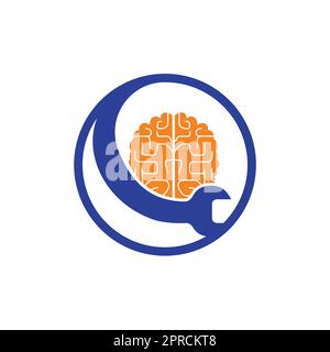 Brain repair vector logo design. Brain and wrench icon logo design. Stock Vector