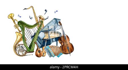Harp, violin, grand piano and contrabass watercolor illustration isolated. Stringed and wind musical instruments hand drawn. Design element for flyer, Stock Photo