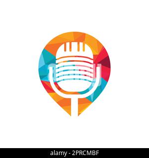 Podcast and map pin logo design. Studio table microphone with broadcast icon design. Stock Vector