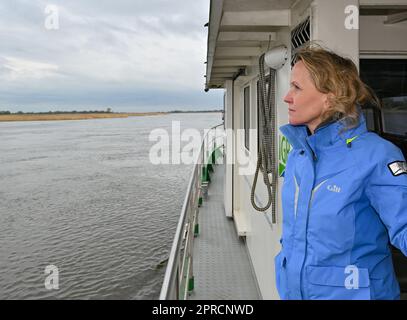 25 April 2023, Brandenburg, Küstrin-Kietz: Steffi Lemke (Greens), Federal Environment Minister, is on board a research vessel from the Leibniz Institute of Freshwater Ecology and Inland Fisheries (IGB) on the German-Polish border river Oder. The politician learned about the current situation after the environmental disaster in 2022 during a scientific trawl fishery on the same day. Photo: Patrick Pleul/dpa Stock Photo
