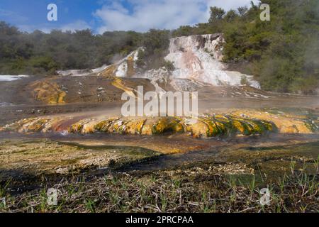 Geothermal coloured terraces in Orakei Korako dramatic landscape. Stock Photo
