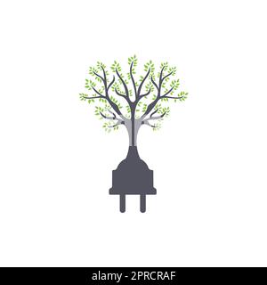 Green energy electricity logo concept. Electric plug icon with tree. Stock Vector