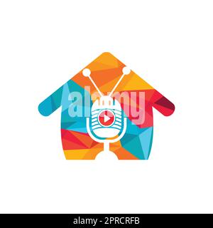 TV podcast vector logo design. Podcast mic and tv with home icon design. Stock Vector
