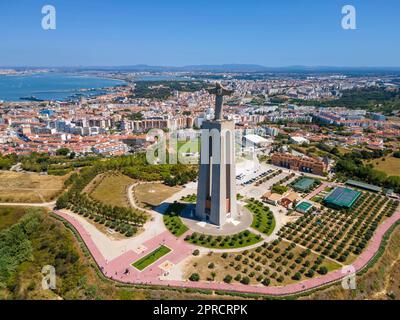 Lisbon, Portugal - July 2, 2022: A camera drone view of the Sanctuary of Christ the King (Portuguese: Santuário de Cristo Rei) Stock Photo