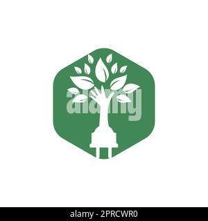 Electric cord and hand tree vector logo design. Stock Vector