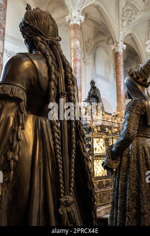 Bronze statues Elizabeth of Gorizia-Tyrolthe and Mary of Burgundy flank the cenotaph of Maximilian I at the Hofkirche in Innsbruck Austria the the cen Stock Photo