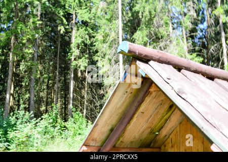 Sloping triangular roof of small wooden ramshackle old hut house in a forest of logs of planks against the background of trees. Stock Photo