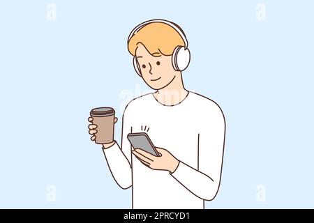 Man in headphones texting on smartphone Stock Vector