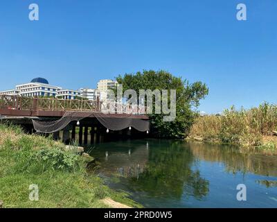 Hand made small romantic wooden bridge over the river water surrounded by trees and flowers leading to pier among river plants aged weathered wood mad Stock Photo