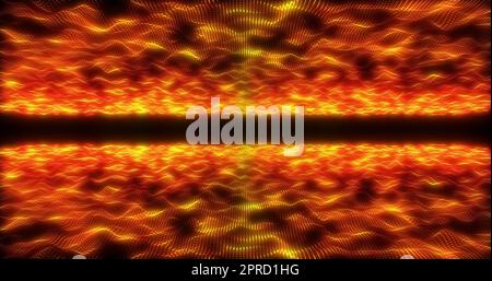 Futuristic abstract orange fiery glowing waves from particle dots shining magical neon energy lines from above and below on a black background. Abstra Stock Photo
