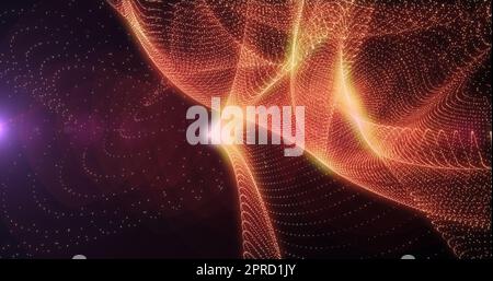 Abstract background of waves of yellow futuristic hi-tech grains of sand waves of dots pixel particles flying with glow effect with rays of light and Stock Photo