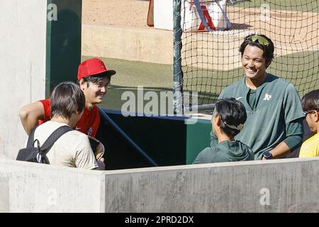 Anaheim, California, April 26, 2023. Shohei Ohtani (far L) of the Los  Angeles Angels and Shintaro Fujinami (far R) of the Oakland Athletics chat  prior to their baseball game at Angel Stadium