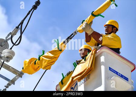 (230427) -- LHASA, April 27, 2023 (Xinhua) -- Zhaxi Nyima (R) and his apprentice practice operation skills on overhead high-voltage live wire in Lhasa, capital of southwest China's Tibet Autonomous Region, April 26, 2023. Zhaxi Nyima has been working in the field of power supply for about 30 years. In 2016, he took the training class and got the certificate, becoming the first person qualified of doing live-wire work in high altitude area in State Grid Tibet Electric Power Company. Live-wire operation is an important technical measure to ensure reliable power supply, but it is also a very Stock Photo