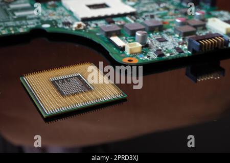 CPU, Central Proccessor Unit on the work bench. Semiconductors in computer industry. Selected focus. Stock Photo