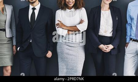 Group of corporate business people standing against a wall, to voice their opinion. Team of many work colleagues in line wearing formal suit for interview. Executive employees together at company Stock Photo