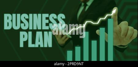 Sign displaying Business Plan. Conceptual photo Structural Strategy Goals and Objectives Financial Projections Lady in suit holding pen symbolizing successful teamwork accomplishments. Stock Photo