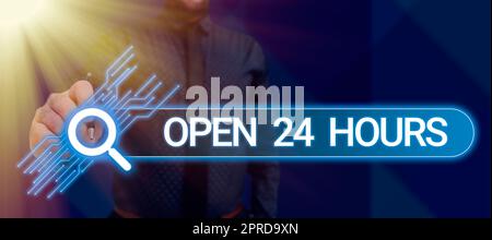 Hand writing sign Open 24 Hours. Concept meaning Working all day everyday business store always operating Handsome Person Holding Pen Presenting Digital Display Search Bar. Stock Photo