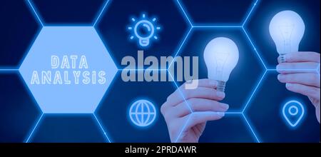 Text caption presenting Data Analysis. Business showcase Translate numbers to Analytical Conclusion Forecasting Woman Holding Light Bulbs In Futuristic Pattern Presenting New Ideas. Stock Photo