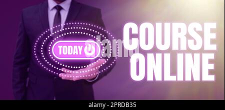Text sign showing Course Online. Word Written on eLearning Electronic Education Distant Study Digital Class Businessman In Suit Displaying With One Hand Pattern With Power Button. Stock Photo
