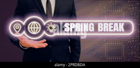 Inspiration showing sign Spring Break. Word for Vacation period at school and universities during spring Businessman Holding Search Bar With Important Information Over Hands. Stock Photo