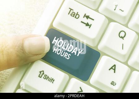 Text caption presenting Holiday Hours. Business approach Celebration Time Seasonal Midnight Sales ExtraTime Opening Stock Photo
