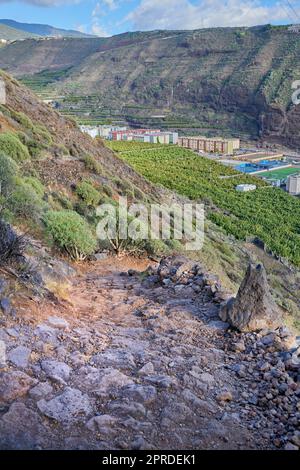 Mountain trails - La Palma, Canary Islands. Mountain trails on La Palma, the west coast, Canary Island, Spain, Aerial view. Stock Photo
