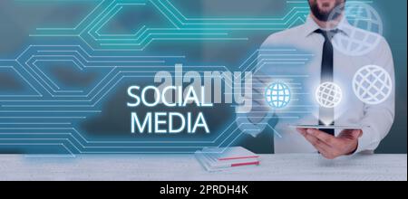 Writing displaying text Social Media. Business approach Online communication channel Networking Microblogging Businessman Holding Tablet And Presenting Crutial Messages In Office. Stock Photo