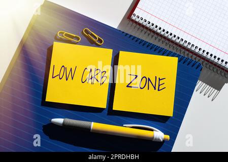 Handwriting text Low Carb Zone. Concept meaning Healthy diet for losing weight eating more proteins sugar free Important News Presented On Two Sticky Notes On Desk With Notebook And Pen. Stock Photo