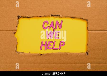 Text sign showing Can We Help. Conceptual photo Offering assistance support expert advice for your problems Important Informations Written Underneath Ripped Cardboard. Stock Photo