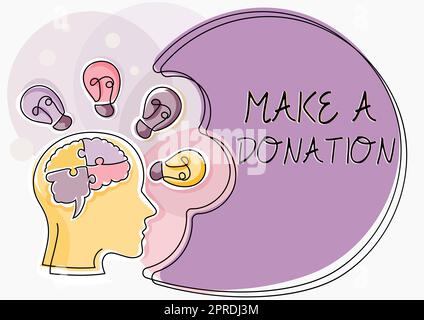 Conceptual display Make A Donation. Business concept Donate giving things not used any more to needed showing Man With Puzzled Brain Thinking New Ideas Shown On Presentation Board. Stock Photo