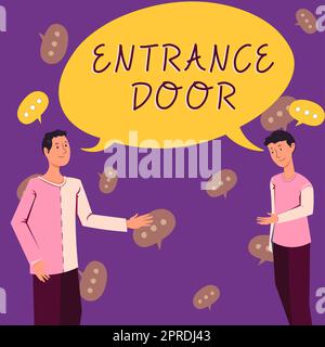 Text sign showing Entrance Door. Business overview Way in Doorway Gate Entry Incoming Ingress Passage Portal Two Colleagues Standing Discussing New Ideas With Big Speech Bubble Stock Photo