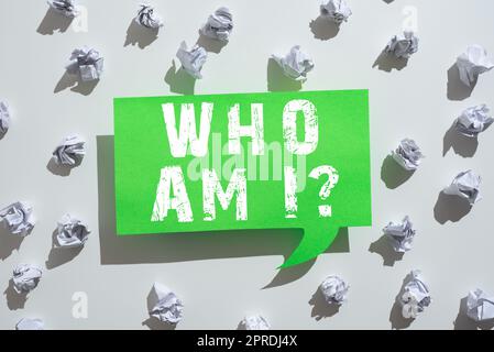 Handwriting text Who Am I. Word for Introduce Identify yourself personality likes dislikes profile Paper Wraps Placed Around Speech Bubble With Important Information. Stock Photo