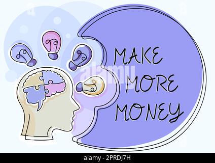 Inspiration showing sign Make More Money. Business concept Increase your incomes salary benefits Work harder Ambition Man With Puzzled Brain Thinking New Ideas Shown On Presentation Board. Stock Photo