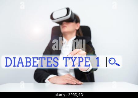 Hand writing sign Diabetes Type 1. Concept meaning condition in which the pancreas produce little or no insulin Businessman With Tablet Drawing Arrows Presenting Business Progress. Stock Photo