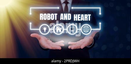Text showing inspiration Robot And Heart. Conceptual photo Sensitivity and care behind the machine technology Woman Using Virtual Reality Simulator And Gesturing During Training. Stock Photo