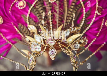 This headpiece will steal the show. Still life shot of costume headwear for a samba dancer. Stock Photo