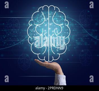 Schematic icon of human brain and male hand on a blue background Stock ...