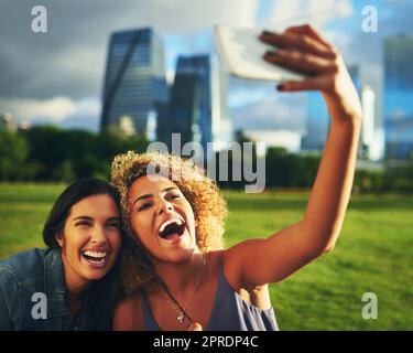 The best selfies are with bestie. two attractive young girlfriends posing for a selfie together in a park. Stock Photo